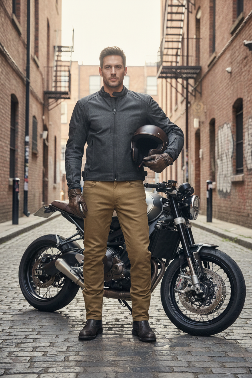 Modello con pantaloni PMJ moto