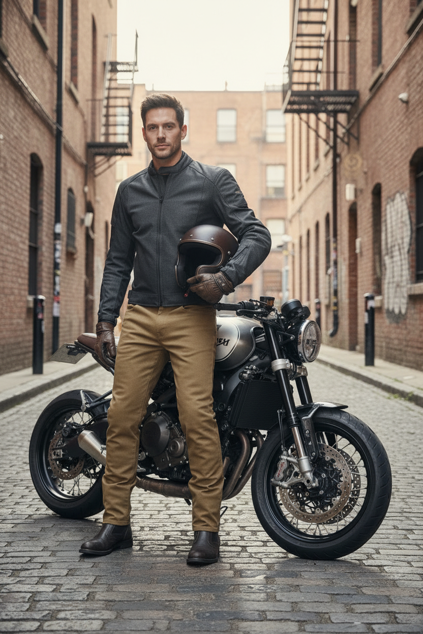 PMJ Jeans - Vista tre quarti sulla moto